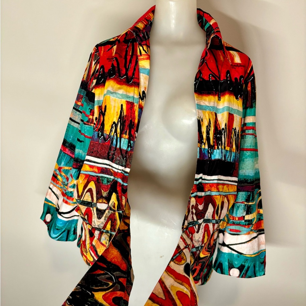 Mishca Tie Front Blouse Size Large Colorful Retro Funky - Picture 6 of 9